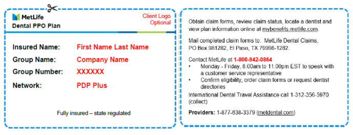 Metife Dental PPO plan ID card front and back